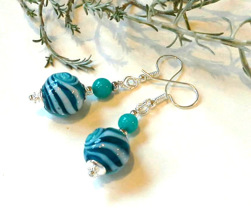 Hand Blown Vanitian Glass & Quartzite Silver Plate Earrings