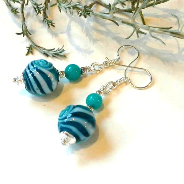 Hand Blown Vanitian Glass & Quartzite Silver Plate Earrings