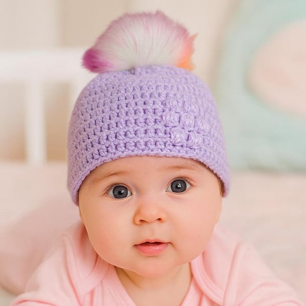 Lilac baby crocheted hat white faux fur pompom with orange purple & pink 
