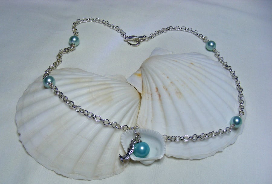 Scallop Shell and Aqua Shell Pearl Necklace