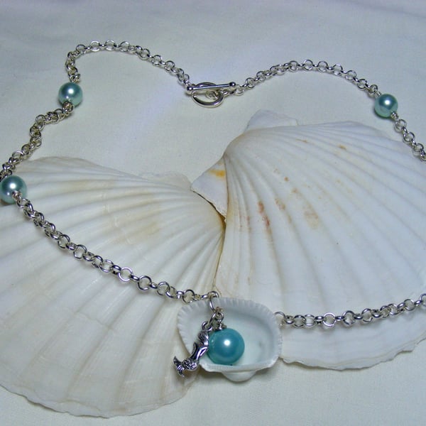 Scallop Shell and Aqua Shell Pearl Necklace