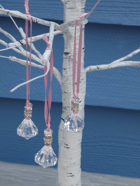 Set of 3 Acrylic crystal drops, ribbon hangers, Christmas Tree decorations