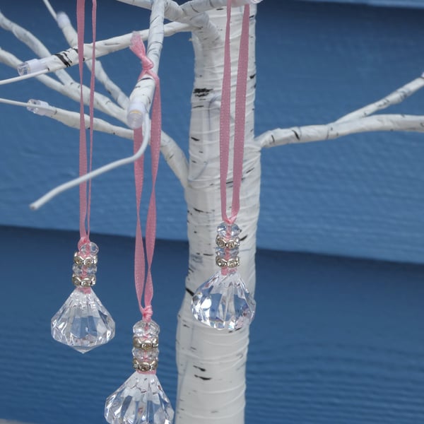 Set of 3 Acrylic crystal drops, ribbon hangers, Christmas Tree decorations