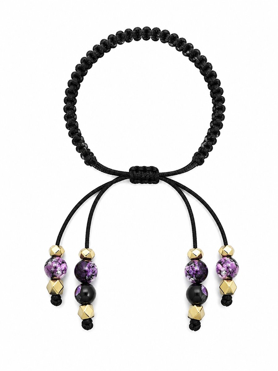 Black macrame Purple Agate and gold beaded ties bracelet one size