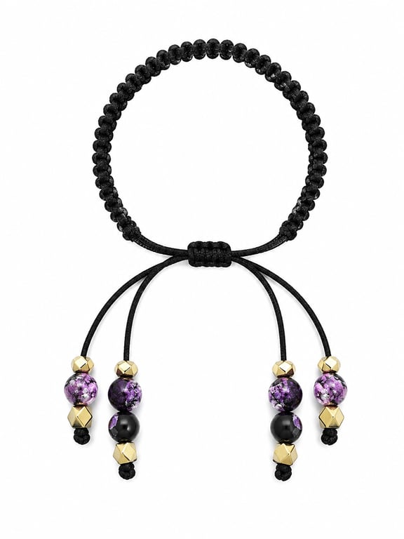 Black macrame Purple Agate and gold beaded ties bracelet one size