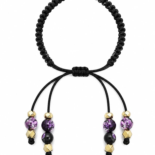 Black macrame Purple Agate and gold beaded ties bracelet one size