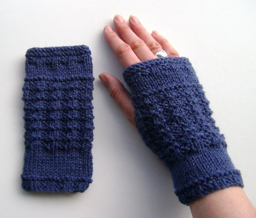 Fingerless Gloves Wrist Warmers Mittens in Denim Blue