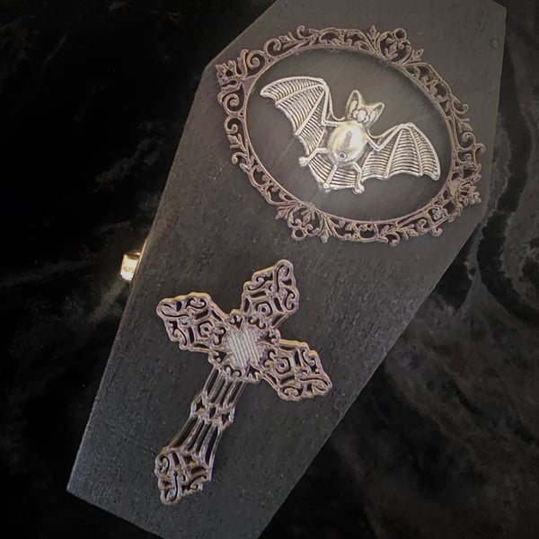 Vampire Bat and cross gothic style coffin jewellery, keepsage, trinket box