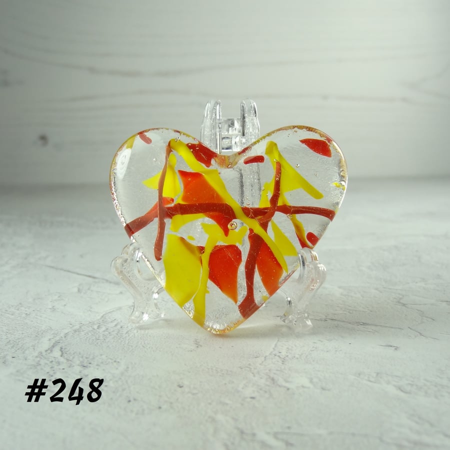 Red yellow clear heart fused glass pocket hug with stand 5x4.5cm (248)
