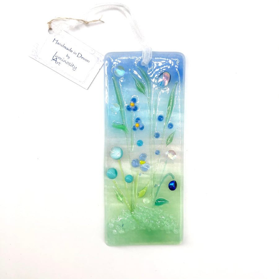 Pretty Glass Light Catcher - Blue & Turquoise Meadow Flower Design 