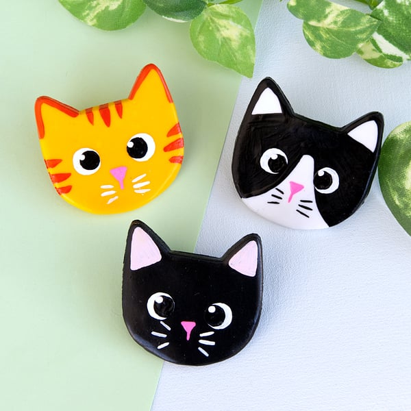 Cute Cat Painted Polymer Clay Pin Badge Brooches 