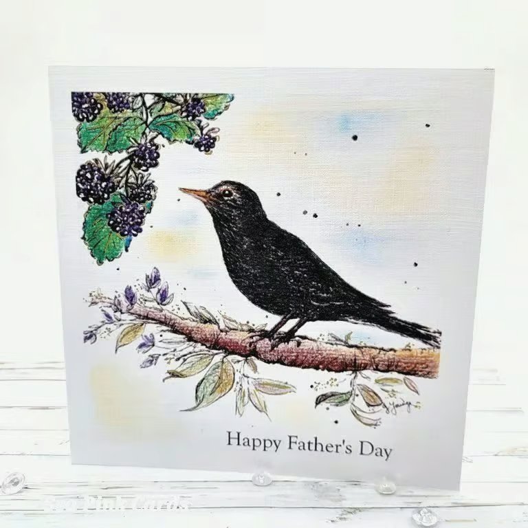 Father's Day Card - blackbird, berries, original art card