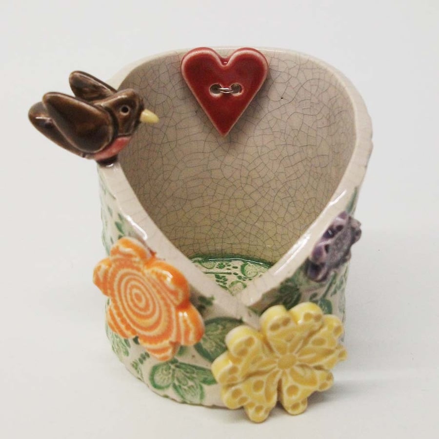 Christmas Robin ceramic candle holder pottery dish bird