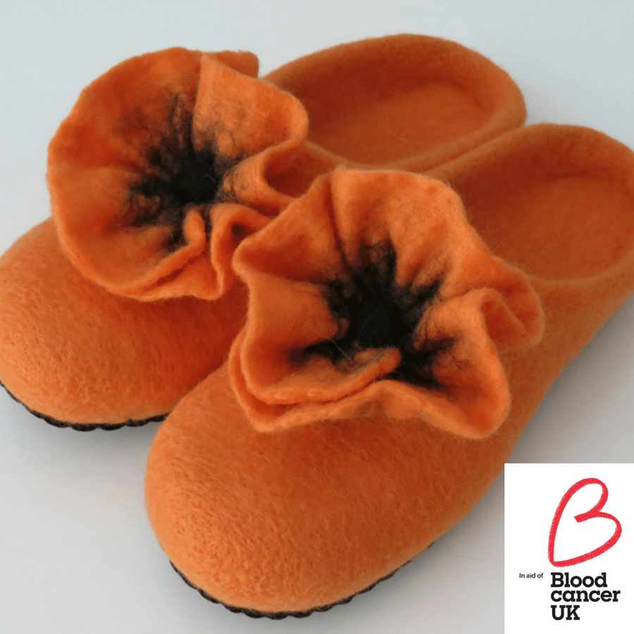 Merino Felted Poppy Slippers-Tangerine Orange 25.5cm 6-6.5 (UK- Regular Fitting)