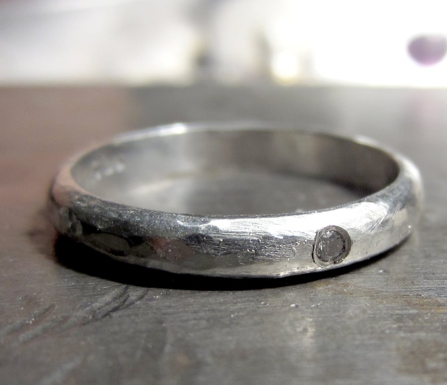 Textured wedding ring for men and women Sterling silver diamond rustic solitaire