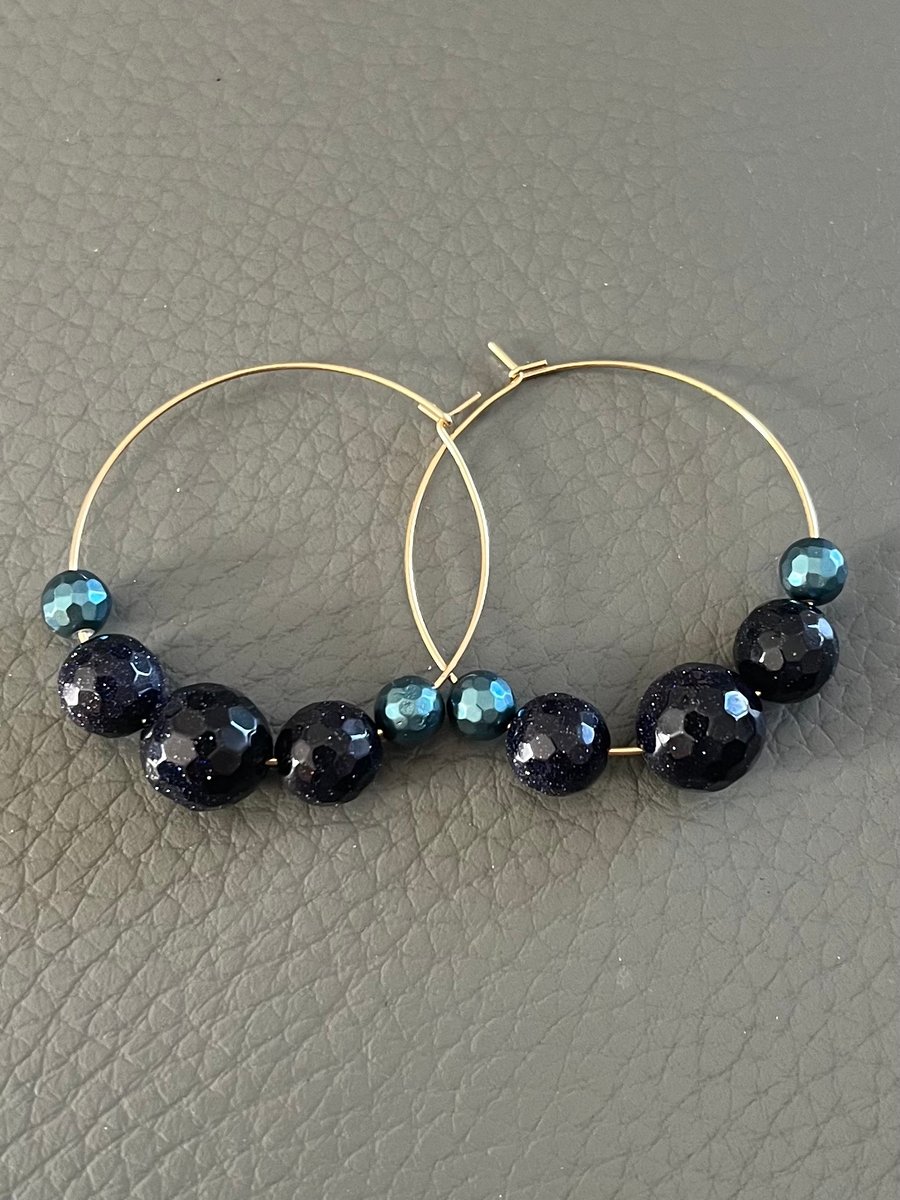 Handmade Golg Hoop Earrings with Bluesand