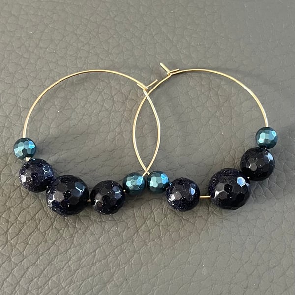 Handmade Golg Hoop Earrings with Bluesand