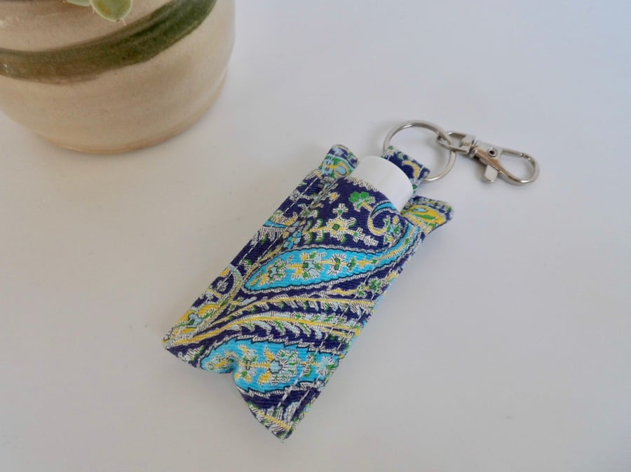 SOLD Key ring lip balm holder in blue Liberty fabric 