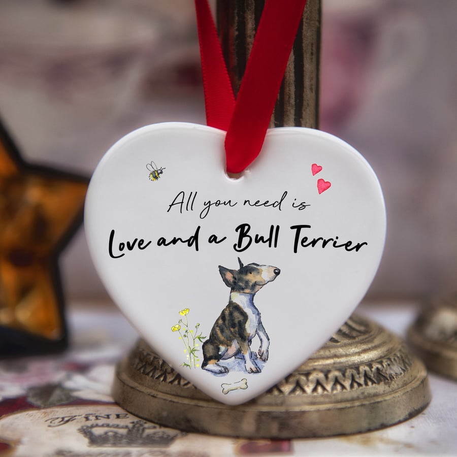 Love and a Bull Terrier Ceramic Heart