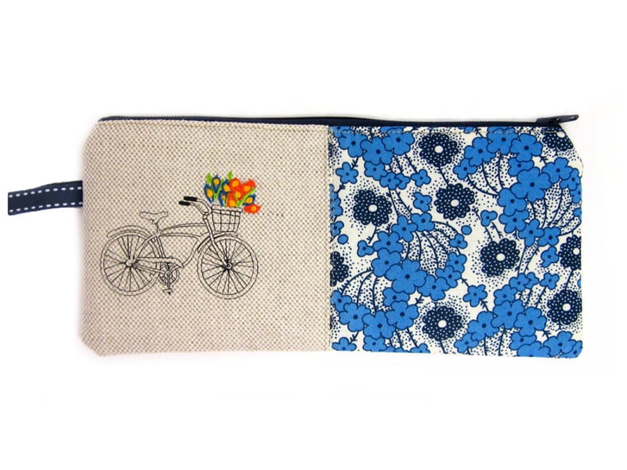 Pencil Case Retro Bicycle & Blue Embroidered Flowers