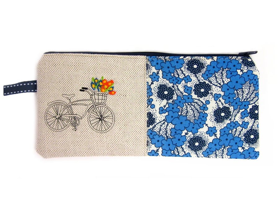 Pencil Case Retro Bicycle & Blue Embroidered Flowers