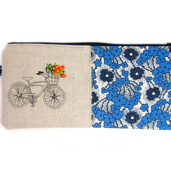 Pencil Case Retro Bicycle & Blue Embroidered Flowers