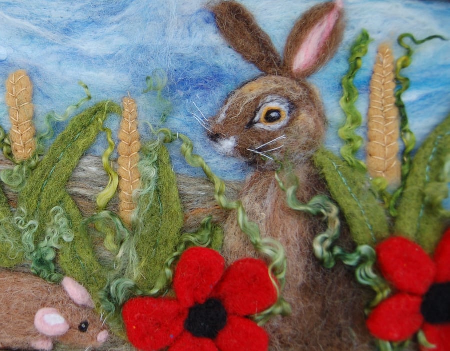 Needle felted  picture - Hare and mouse amongst corn and poppies, Textile art