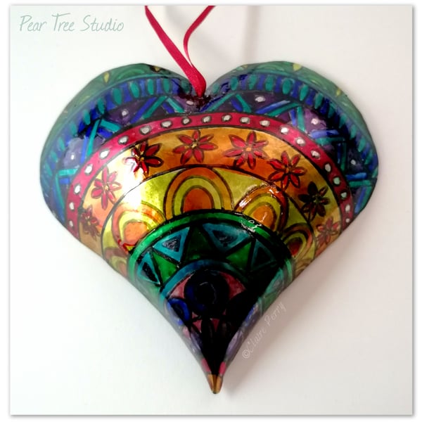  Rainbow embossed metal heart decoration. Handmade.