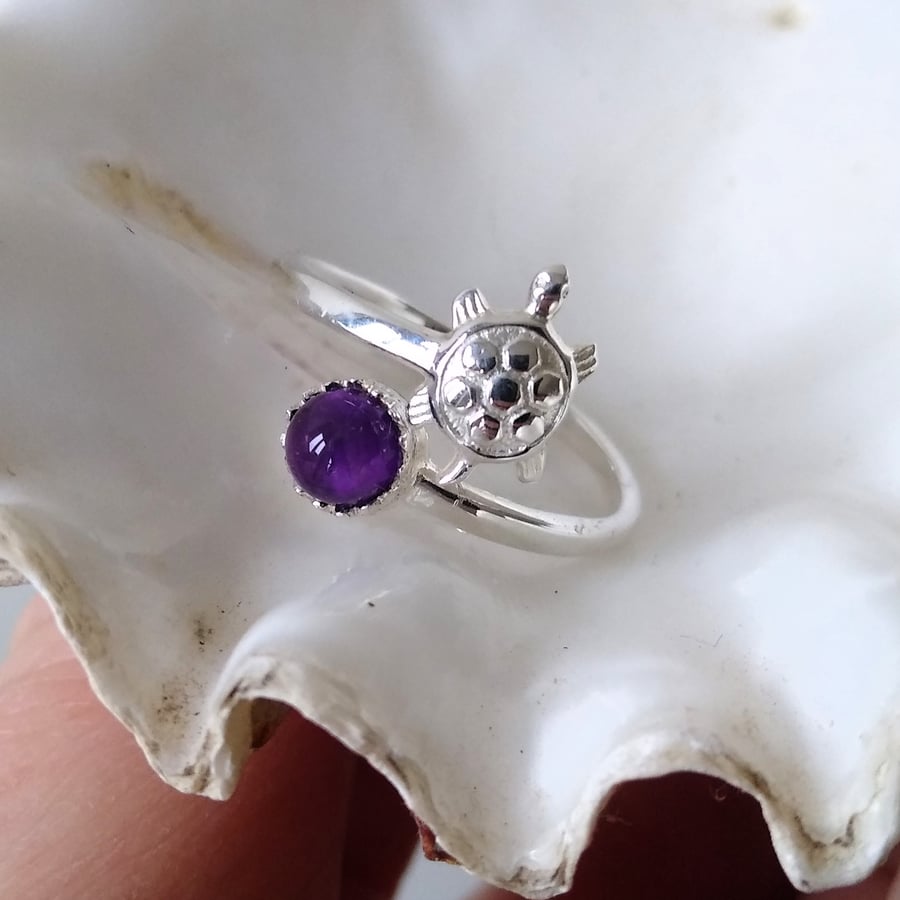 925 Sterling Silver Open Adjustable Turtle Ring With 5mm Amethyst Stone