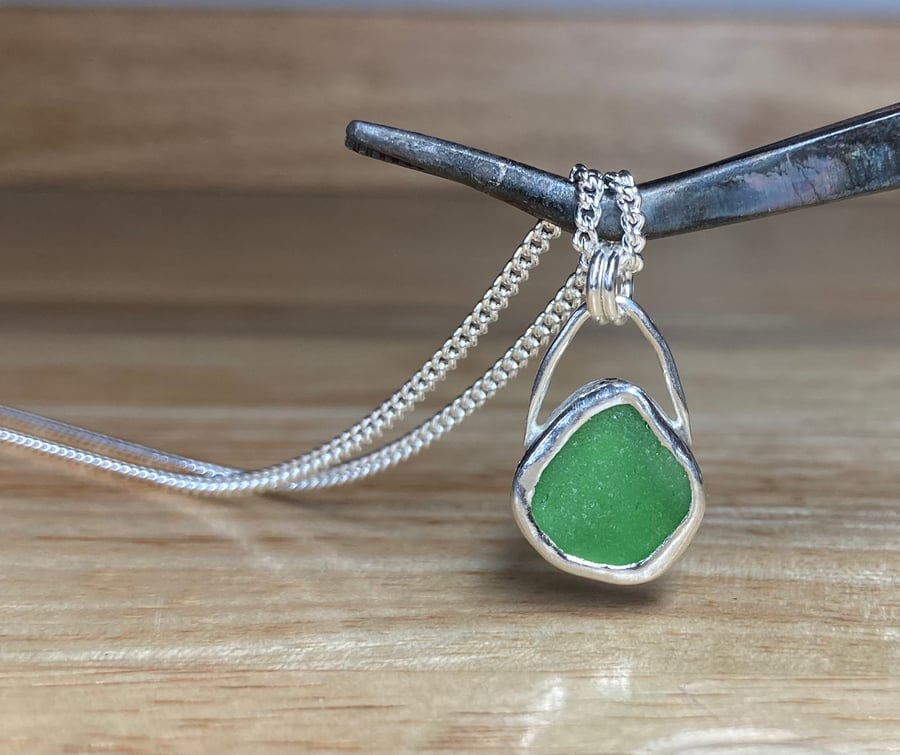 Handmade Fine & Sterling Silver pendant & Light Green Welsh Seaglass & Chain