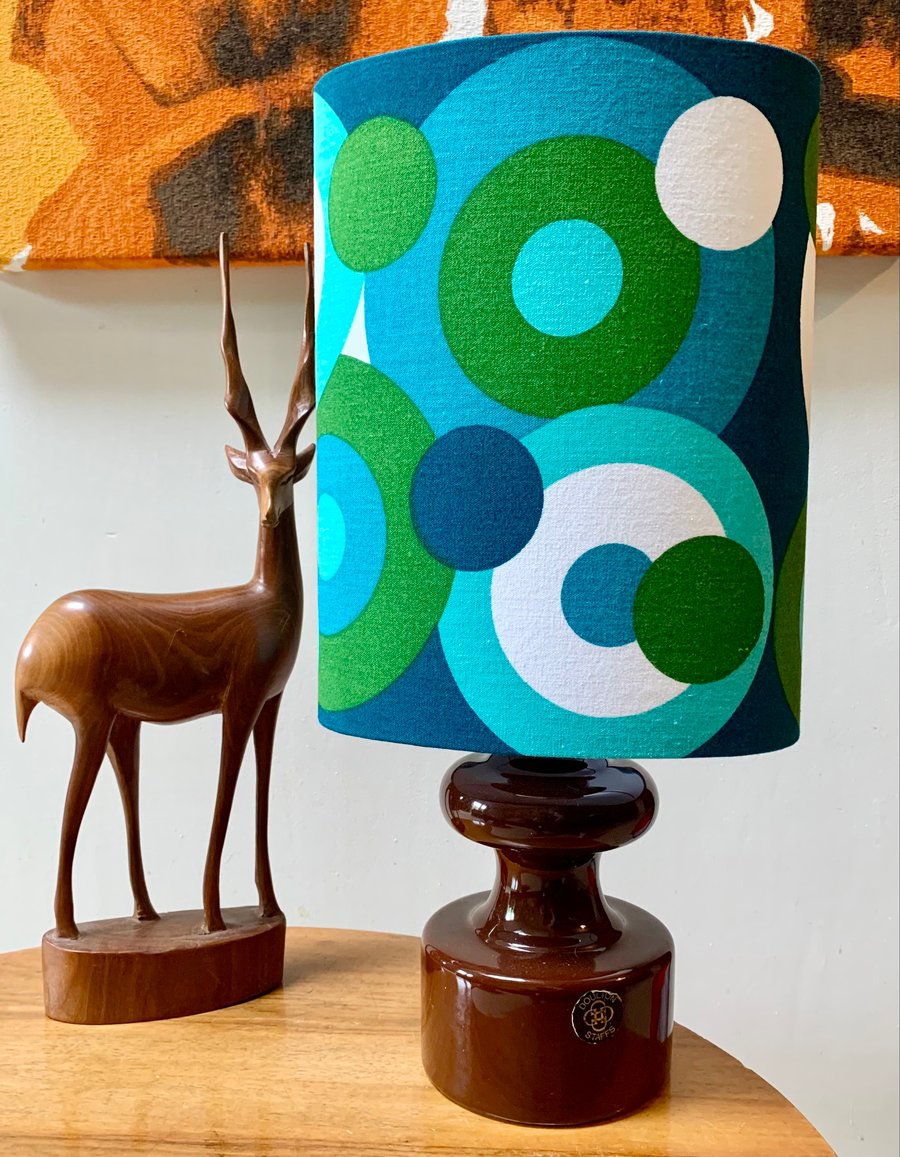 RETRO Op Art Circles 60s LIZA CALEY 'MAGPIE' Teal Green Vintage Fabric Lampshade