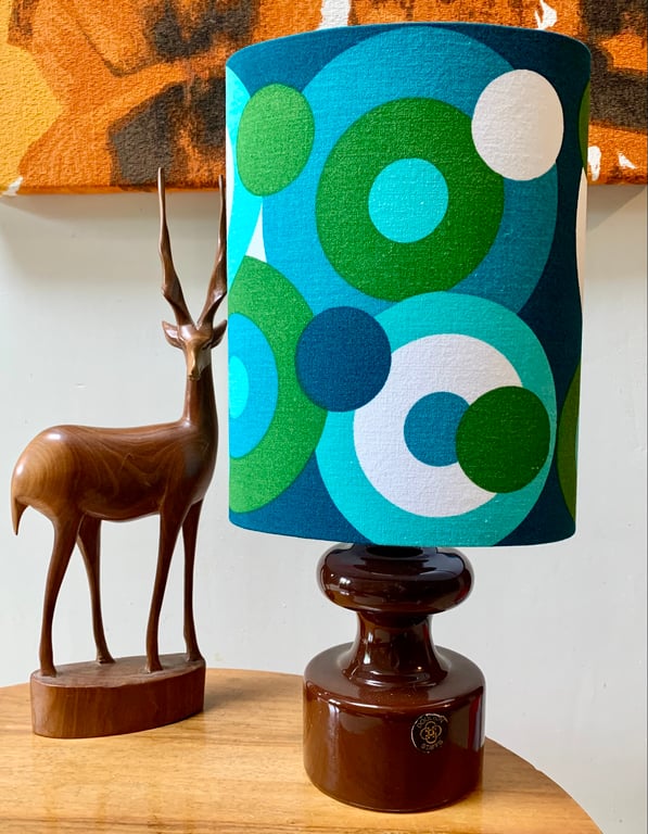 RETRO Op Art Circles 60s LIZA CALEY 'MAGPIE' Teal Green Vintage Fabric Lampshade