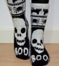 Hand Knit Wool Socks Black White Halloween Skulls Spiders