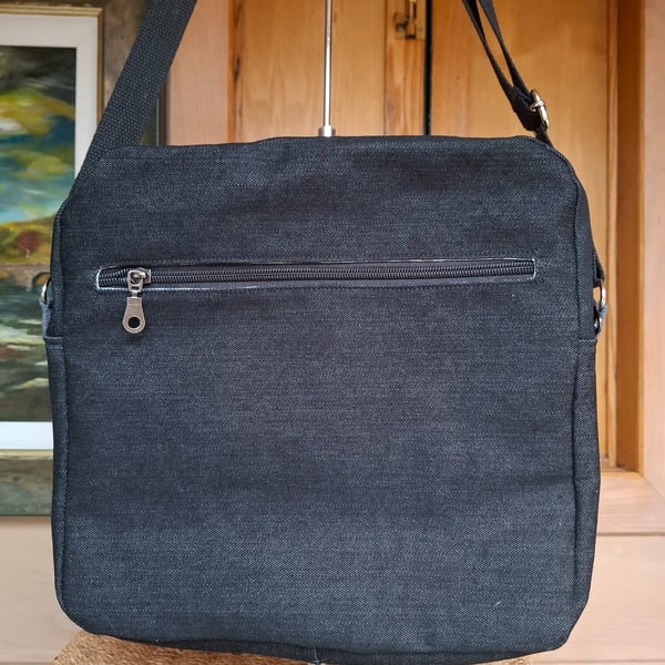Black denim zipped messenger bag