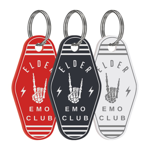 Elder Emo Club: Funny Motel Style Acrylic Keyring - Quirky Gift for Elder Emo