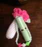 Hand Crocheted Luxury Lipstick Drawstring Pouch Case Holder with Hot Pink Flower - Image 4