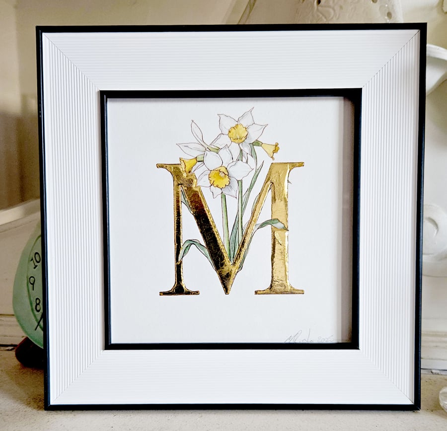 Narcissus Watercolour with 23.5 Carat Gold Leaf Letter M. Mother's Day Gift.