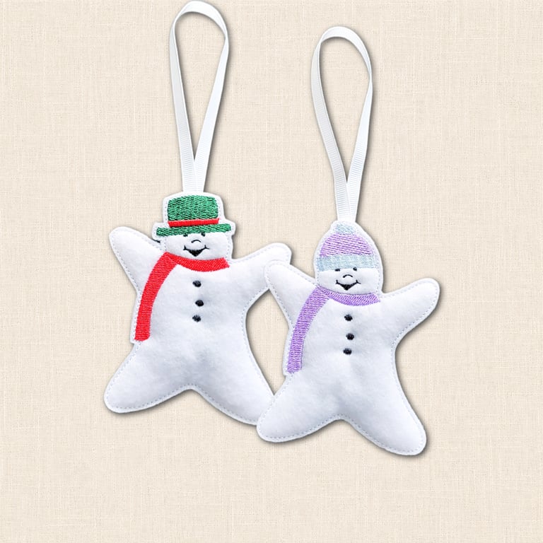 Snowman or Snowlady Christmas Decoration - Embroidered Tree Ornament