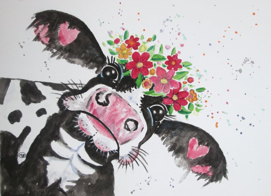 Cute cow with flowers painting. Original art