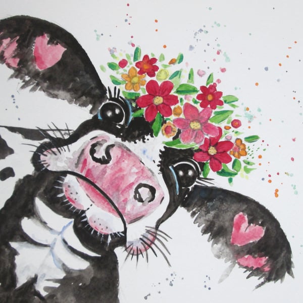 Cute cow with flowers painting. Original art