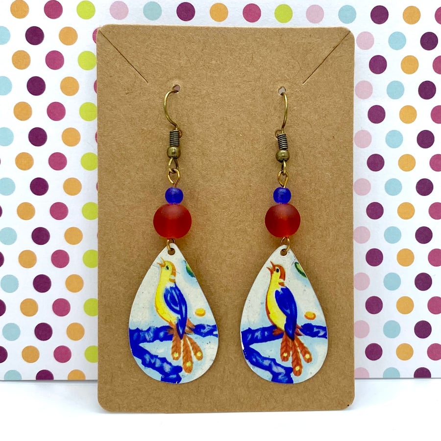 Vintage tin blue and orange bird teardrop beaded earrings