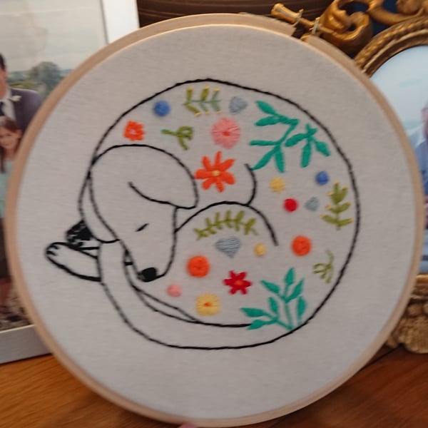 Sleeping Dog Embroidery Hoop Picture, Wall Hanging 
