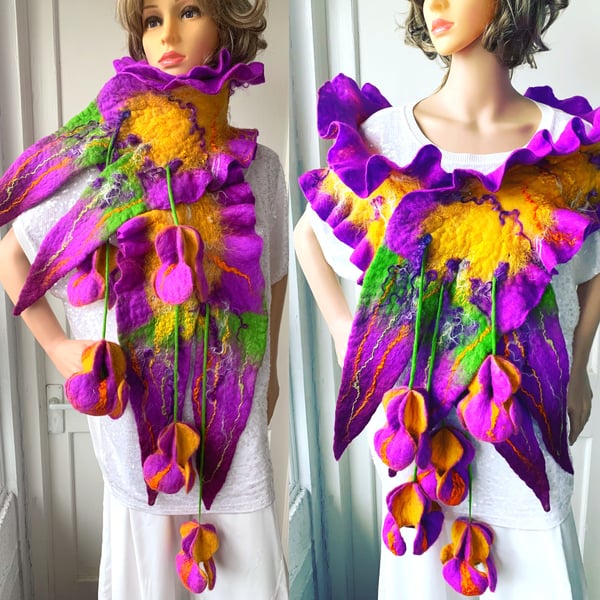 Hand Felted, Wool Jewelry scarf-100% WOOL MERINO- iris-