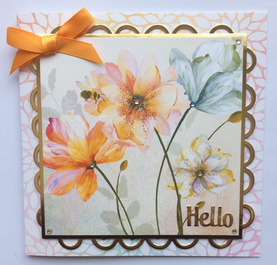 Hello Handmade Card Wild Flowers and Bee Hello 3D Luxury Handmade Card