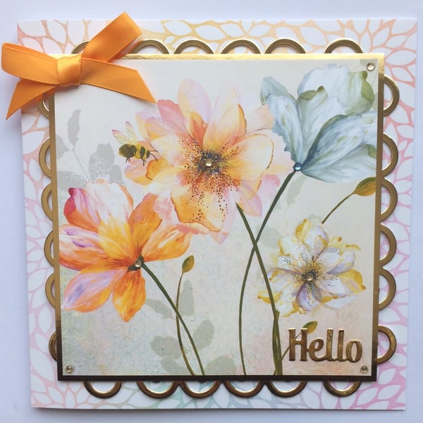 Hello Handmade Card Wild Flowers and Bee Hello 3D Luxury Handmade Card