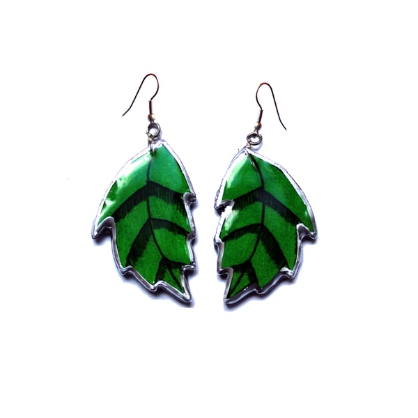 Statement Large Exotic Green Leaf Drop Earrings by EllyMental