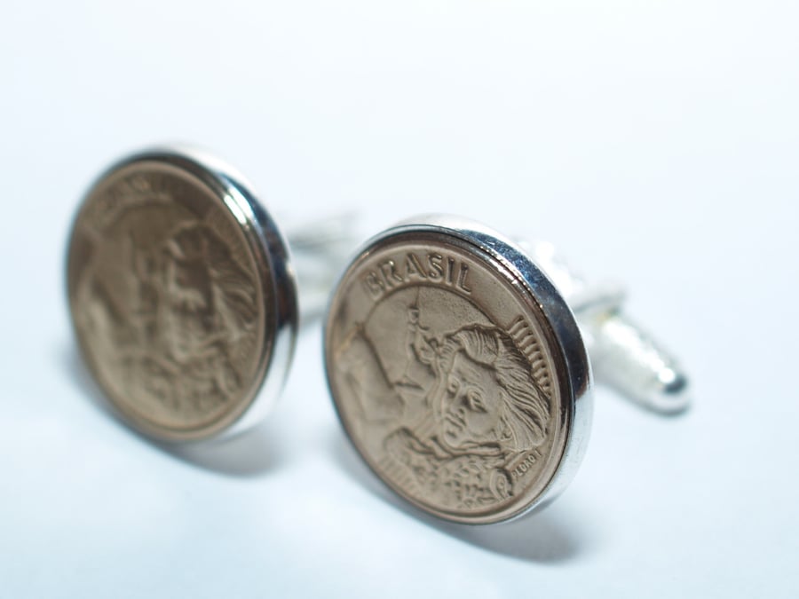 Brazil 10 Centavos Coin Cufflinks mounted in Silver Plated Cufflink Backs - Bras
