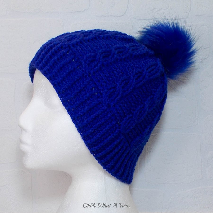 Crochet hat, beanie. Royal blue ladies cable pom pom hat. Ladies hat.