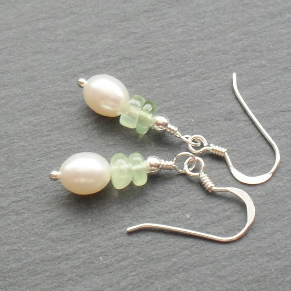 Dainty Earrings with Freshwater Pearls and Prehnite Gemstones Sterling Silver