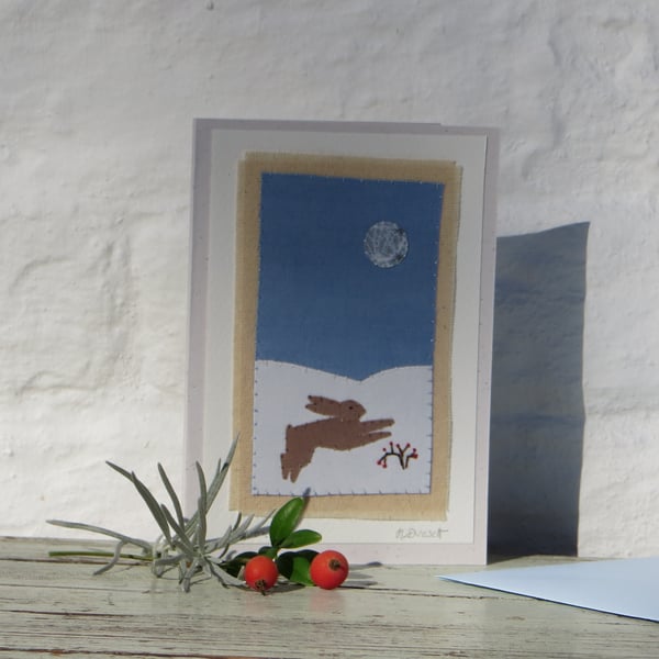 Moon Hare a hand-stitched miniature mounted on recycled card  with sparkly moon!